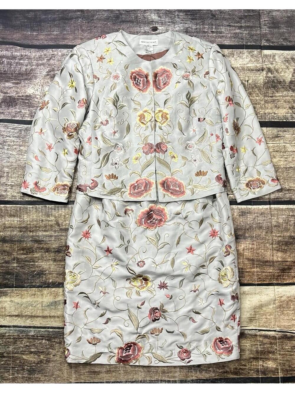 VTG Newport News Set Womens Size 4 Small Silk Floral Jacket Dress 90s